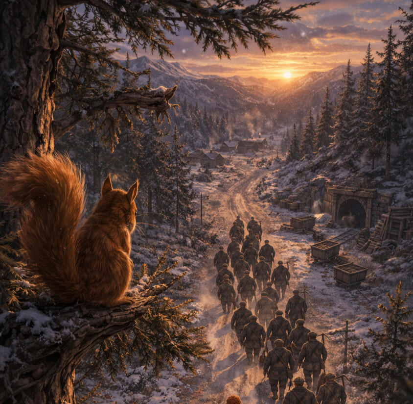 Morning. Squirrel. Miners